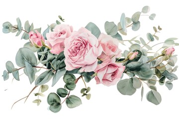 A beautiful painting featuring pink roses and eucalyptus leaves. Perfect for adding a touch of elegance to any space. - Powered by Adobe