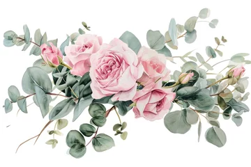 Deurstickers A beautiful painting featuring pink roses and eucalyptus leaves. Perfect for adding a touch of elegance to any space. © Fotograf