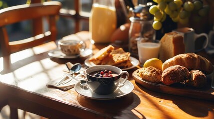 Fototapeta premium A wooden table with an assortment of delicious food dishes. Perfect for showcasing culinary creations or for food-related projects