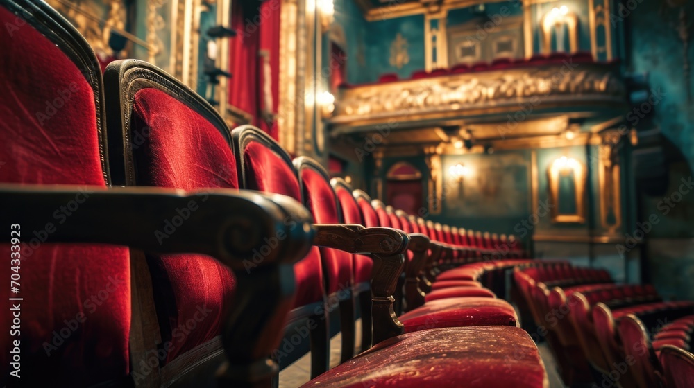 Poster A row of red chairs in a theater. Perfect for showcasing a theater setting or for illustrating the concept of entertainment venues