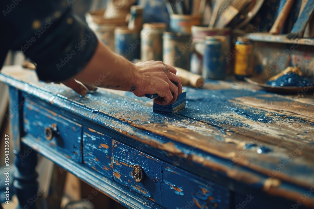 Aufkleber A person is seen using a paint brush on a blue table. This image can be used for various creative projects