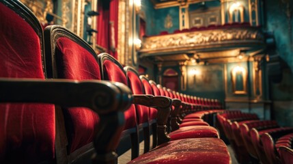 A row of red chairs in a theater. Perfect for showcasing a theater setting or for illustrating the concept of entertainment venues - obrazy, fototapety, plakaty