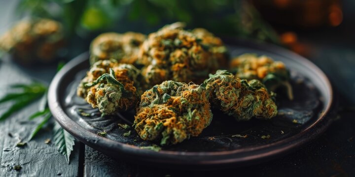 Plate of marijuana buds on a wooden table. Perfect for cannabis enthusiasts or articles about marijuana cultivation
