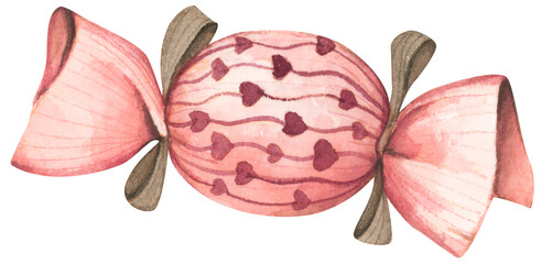 Candy in wrapper. Sugar product in various colors and patterns packing painted in watercolor. Toffee packet. Valentine's Day, children's holidays, gifts.
