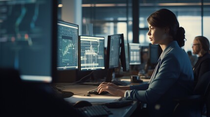 Female stock trader analyzing financial data on multiple computer monitors