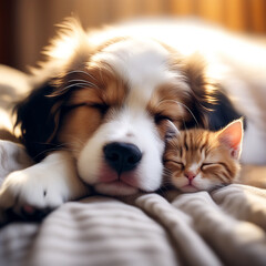 Obraz premium A Bond of Love: Cat and Dog Sleeping Together, Kitten and Puppy Taking a Nap