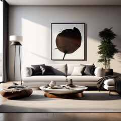 Stylish Contemporary Living Room Interior with Sofa, Coffee Table, Side Table, Floor Light, and Rug