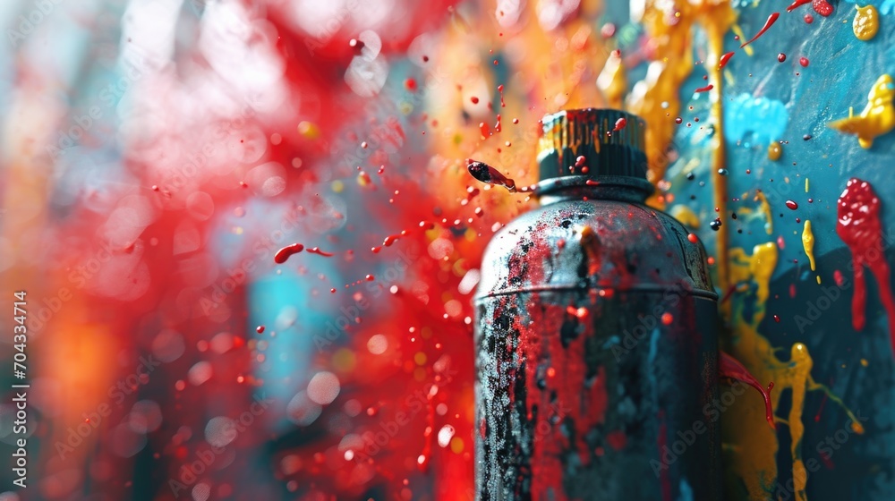 Poster A close up view of a spray can with red paint. This image can be used for various purposes