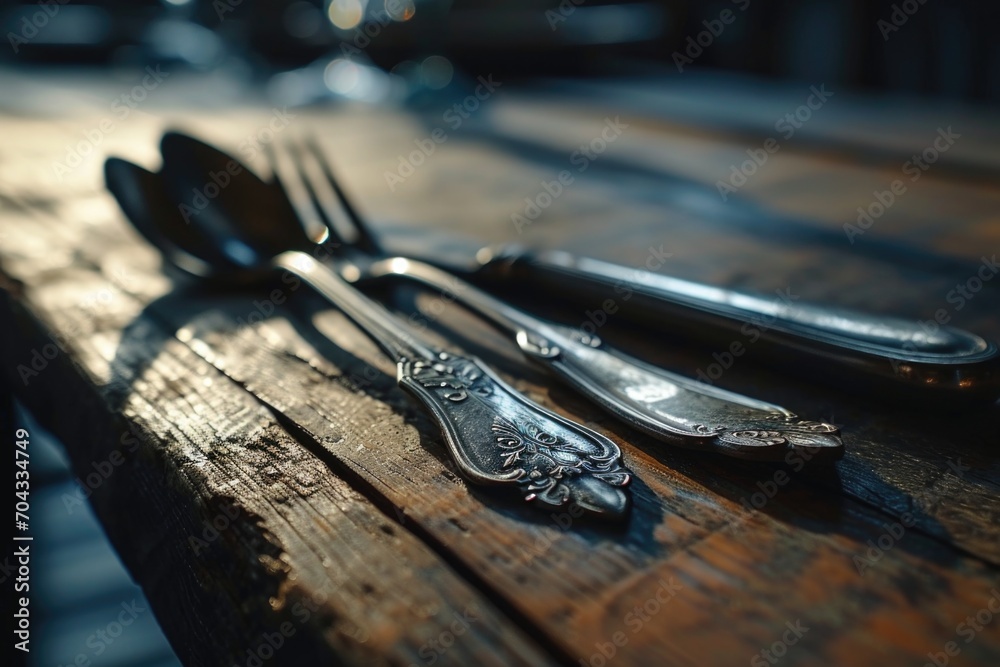 Poster A picture of silverware arranged neatly on top of a wooden table. This image can be used for various purposes