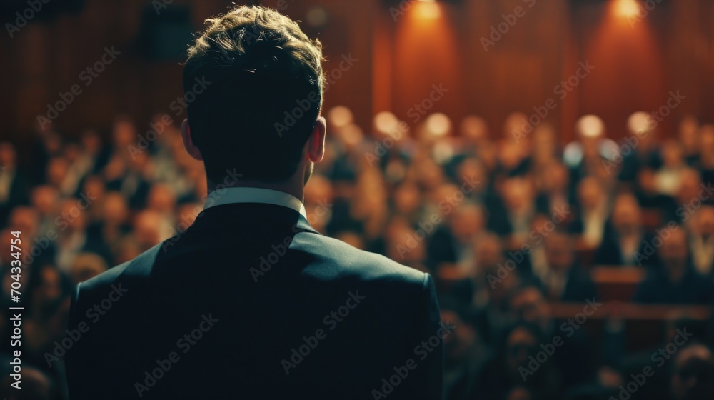Poster a man wearing a suit standing confidently in front of a crowd. suitable for business and leadership 