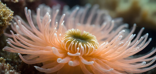 Fototapeta na wymiar Flower sea living coral and reef color under deep dark water of sea ocean environment.