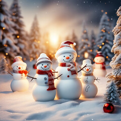 Fototapeta premium Merry Christmas and Happy New Year Greeting Card - Two Cheerful Snowmen Standing in Winter Christmas Landscape