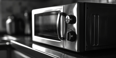 A black and white photo of a microwave on a counter. Suitable for kitchen appliance or home interior concepts
