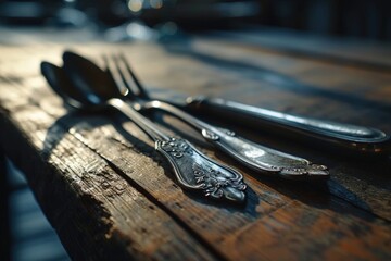 A picture of silverware arranged neatly on top of a wooden table. This image can be used for various purposes