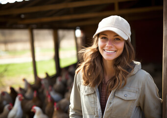 european farmer woman, chicken and portrait outdoor in field, healthy animal or sustainable care for livestock at agro job. Poultry entrepreneur, smile and bird in nature, countryside or agriculture