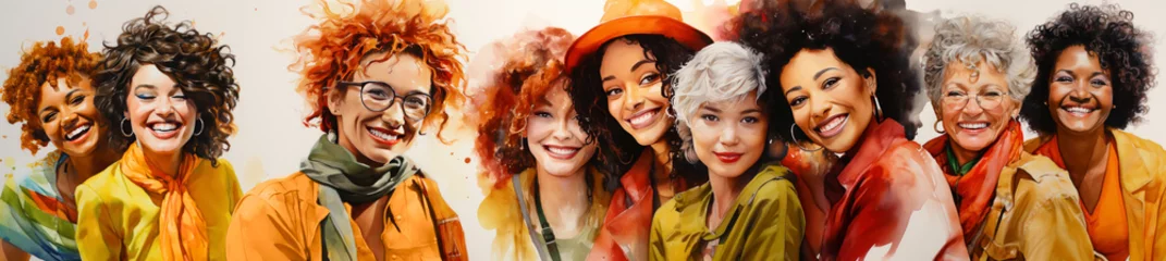Poster Diverse multiracial and multigenerational women celebrating friendship and happiness. Women's day concept in watercolor style panorama © Casther