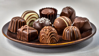 Chocolate candies on the plate, delicious cocoa sweets