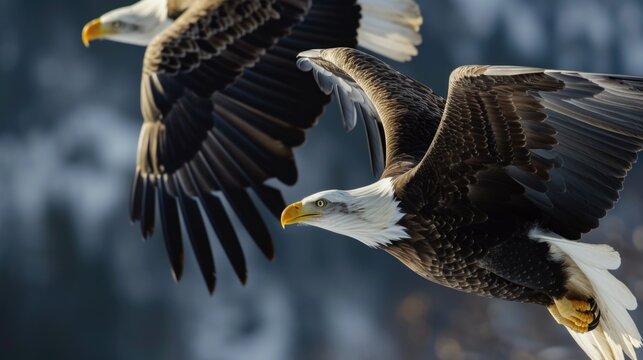 Two majestic bald eagles soaring through the sky. Perfect for nature and wildlife enthusiasts. Use this image to capture the beauty and grace of these iconic birds