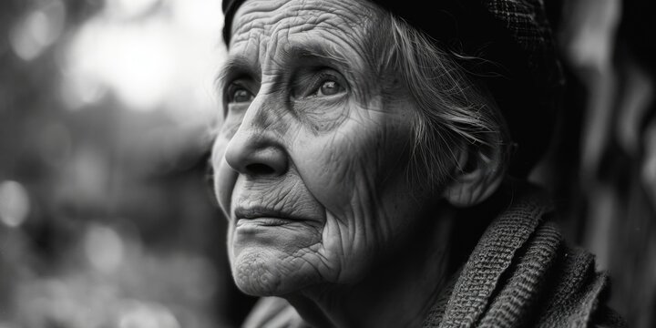 An aged woman captured in a black and white photograph. This image can be used to depict the beauty and wisdom that comes with old age
