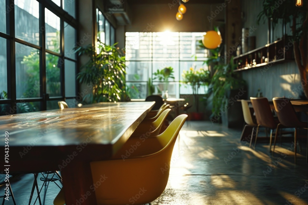 Poster a wooden table with four yellow chairs placed in front of a window. perfect for home decor and inter