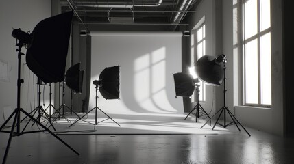 A black and white photo of a professional photo studio. This versatile image can be used to showcase the art of photography or as a background for creative projects