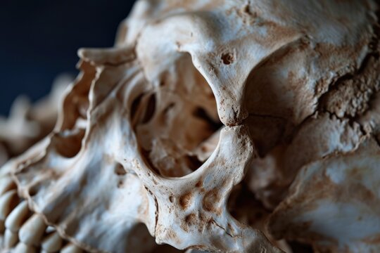 A close-up view of a skull resting on a table. This eerie image can be used in various creative projects and Halloween-themed designs