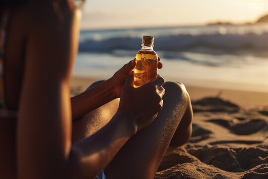A woman sitting on a beach, holding a bottle of beer. This image can be used to depict relaxation and leisure activities at the beach