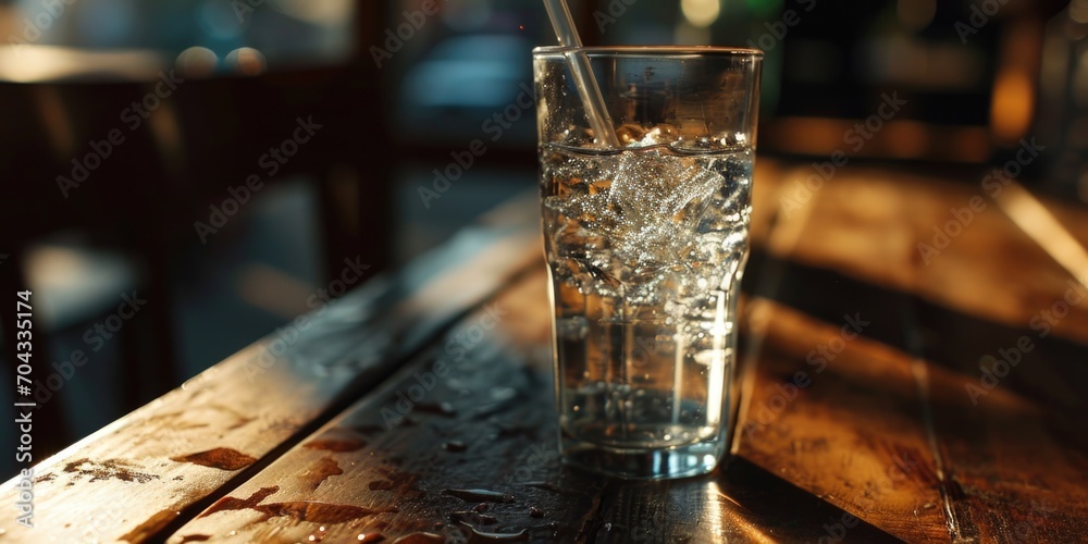 Poster a simple image of a glass of water placed on a wooden table. suitable for various uses
