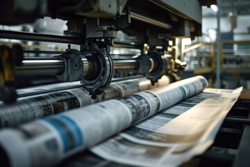 A machine in action on a stack of newspapers. Suitable for illustrating news, printing industry, and automation concepts - obrazy, fototapety, plakaty