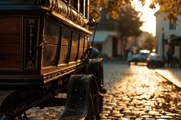 A traditional horse drawn carriage is pictured on a charming cobblestone street. This image can be used to depict nostalgia, historical settings, or transportation