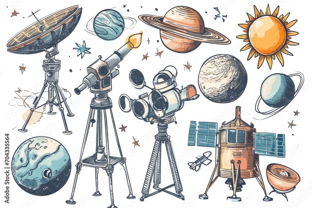 Poster A collection of space objects including a telescope and other items. Perfect for illustrating astronomy, science, or space exploration concepts
