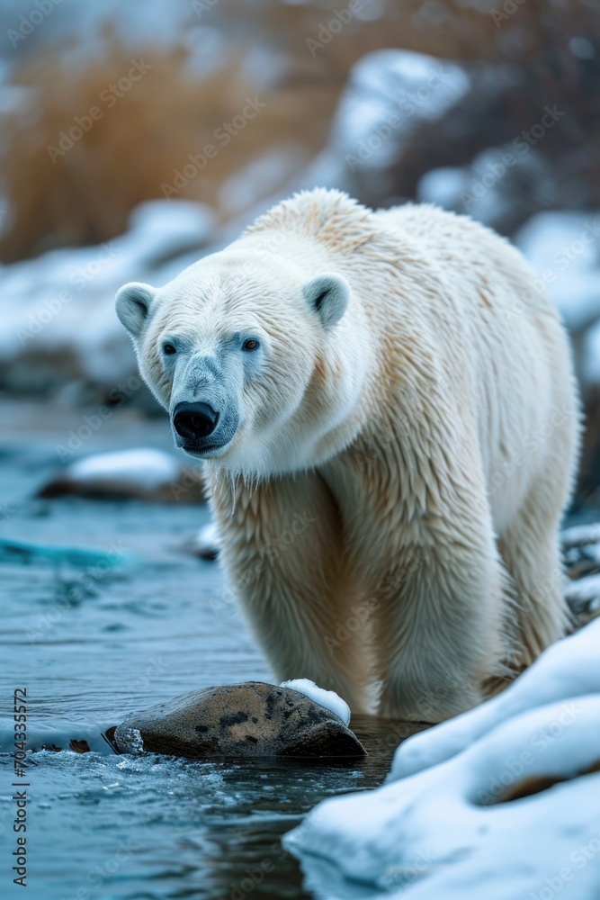 Poster a polar bear is seen walking across a river in the snow. this image can be used to depict the natura