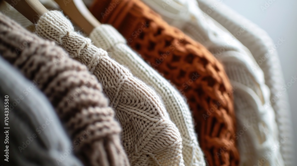 Aufkleber a row of sweaters hanging on a rack. perfect for showcasing different styles and colors of sweaters.