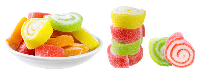 Colorful gummy jelly candy rolls isolated on white background