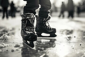 A close-up view of a pair of ice skates on a frozen surface. Perfect for winter sports and ice skating enthusiasts - obrazy, fototapety, plakaty