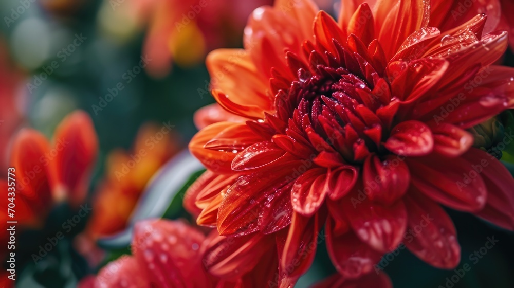 Poster a vibrant red flower with glistening water droplets. perfect for adding a pop of color and freshness