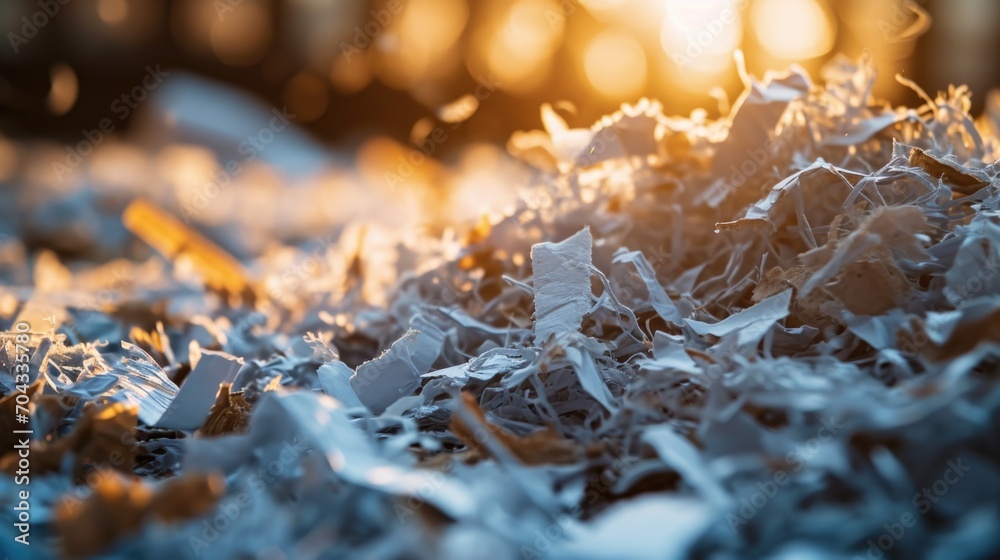 Poster A detailed view of a pile of paper that has been shredded into small pieces. This image can be used to represent document destruction, data security, or recycling.