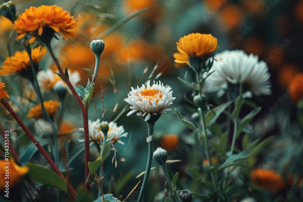 Poster A beautiful arrangement of yellow and white flowers in a field. Perfect for adding a touch of nature and color to any project