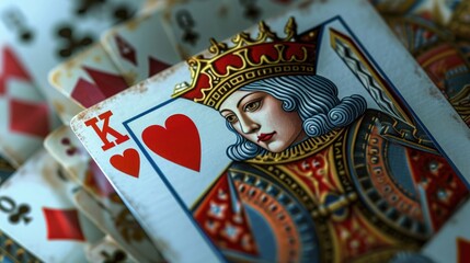 A close up view of a playing card featuring the Queen of Hearts. Perfect for casino-themed designs or card game illustrations - obrazy, fototapety, plakaty