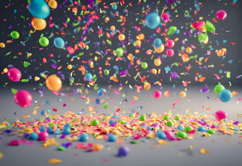 Colorful balloons and confetti on a gray background, festive celebration concept.