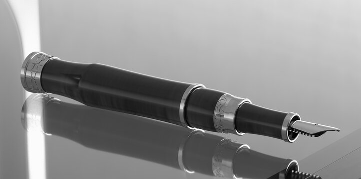 Fountain pen on glass table top. Dlack and White. 3D Render.