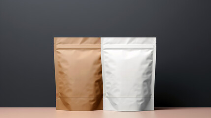 Empty packaging mockup. A template with a ready-made minimalistic design. Empty space. Advertising, product presentation, printing. Monochrome pastel background. Brown, red, white, orange color.