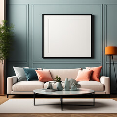 Living Room Interior with Frame Mock-Up, Modern Furniture, and Trendy Home Accessories on Colored Background