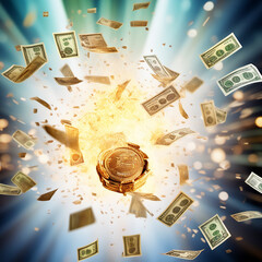 Money Exploding Toward Viewer with Golden Glow Background over Money Blurred