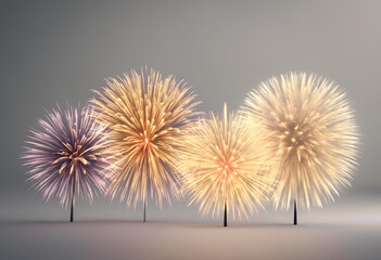 Colorful fireworks display with various bursts against a twilight background.