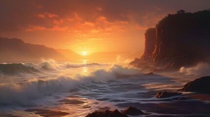A coastal cliff at sunset, waves crashing below, the scene softly blurred in warm hues.