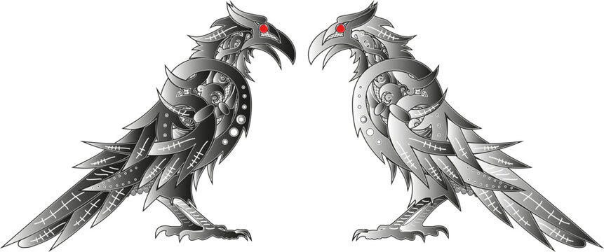 Two ravens of the god Odin Hugin and Munin drawn in the Scandinavian style