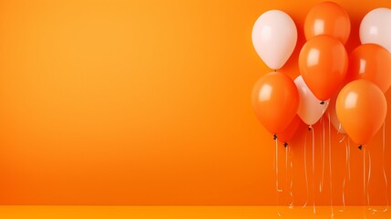 A collection of colorful balloons against a solid orange background.