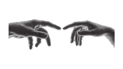Trendy halftone collage hands touch each other. Reconciliation concept. The concept of tender relationships, mutual assistance. Vector illustration