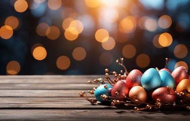 Fototapeta premium wooden board with easter eggs wallpaper